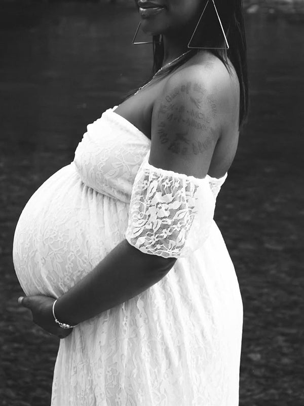 Momnfancy Off Shoulder Lace Ruched Backless Cap Sleeve High Waist Photoshoot Maternity Maxi Dress