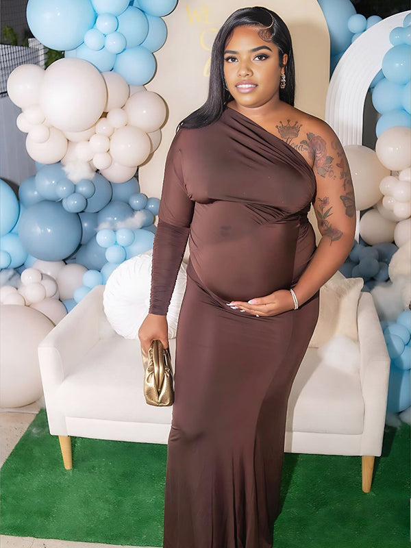 Momnfancy One-Shoulder Ruched Irregular Bodycon Party Mermaid Baby Shower Maternity Maxi Dress