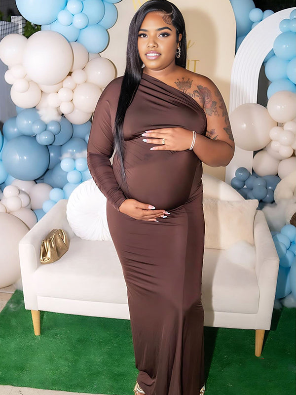 Momnfancy One-Shoulder Ruched Irregular Bodycon Party Mermaid Baby Shower Maternity Maxi Dress