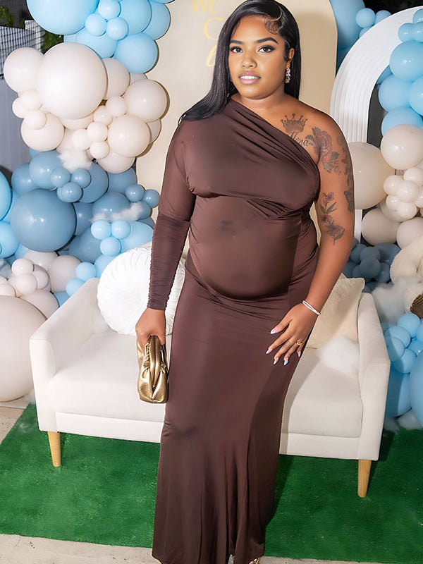 Momnfancy One-Shoulder Ruched Irregular Bodycon Party Mermaid Baby Shower Maternity Maxi Dress