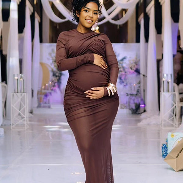 Momnfancy Mesh Ruched Sheer Mermaid Bodycon Party Gown Front Cross Maternity Maxi Dress