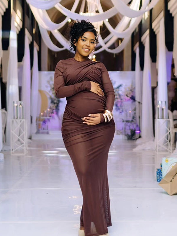 Momnfancy Mesh Ruched Sheer Mermaid Bodycon Party Gown Front Cross Maternity Maxi Dress