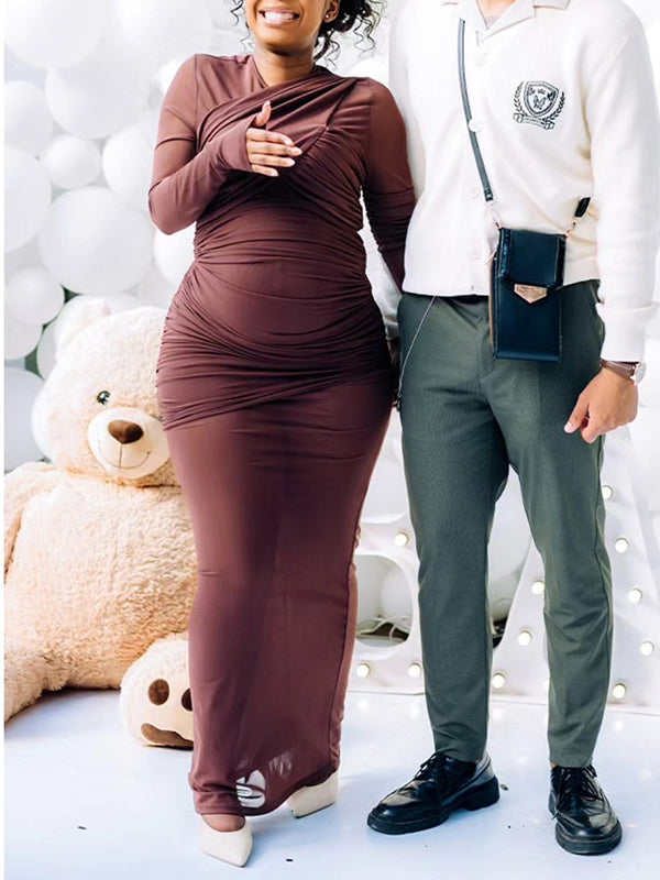 Momnfancy Mesh Ruched Sheer Mermaid Bodycon Party Gown Front Cross Maternity Maxi Dress