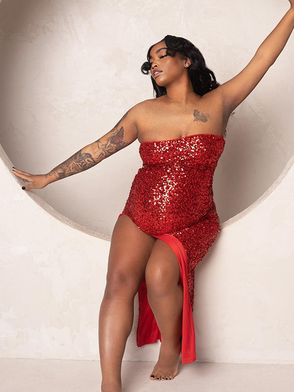 Momnfancy Red Bandeau Backless Sequin Side Slit Bodycon Evening Mermaid Gown Maternity Maxi Dress