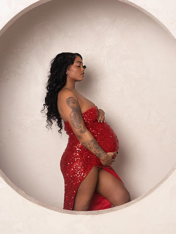 Momnfancy Red Bandeau Backless Sequin Side Slit Bodycon Evening Mermaid Gown Maternity Maxi Dress