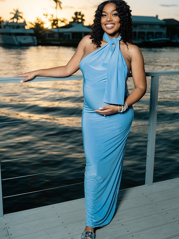Momnfancy Blue Halter Neck Irregular Backless Ruched Bodycon Evening Mermaid Gown Maternity Maxi Dress
