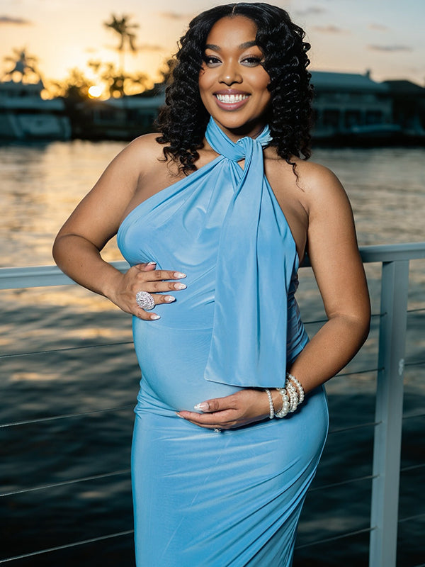 Momnfancy Blue Halter Neck Irregular Backless Ruched Bodycon Evening Mermaid Gown Maternity Maxi Dress