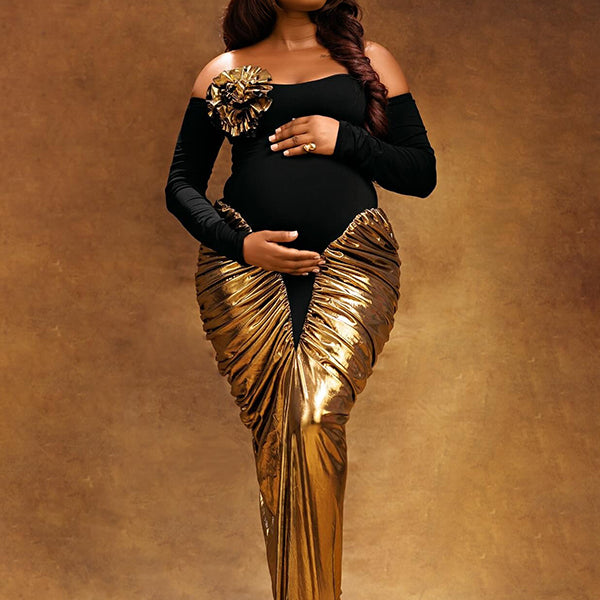Momnfancy Off Shoulder Ruched 3D Flower Splicing Long Sleeve Evening Mermaid Gown Maternity Maxi Dress