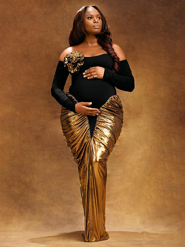 Momnfancy Off Shoulder Ruched 3D Flower Splicing Long Sleeve Evening Mermaid Gown Maternity Maxi Dress