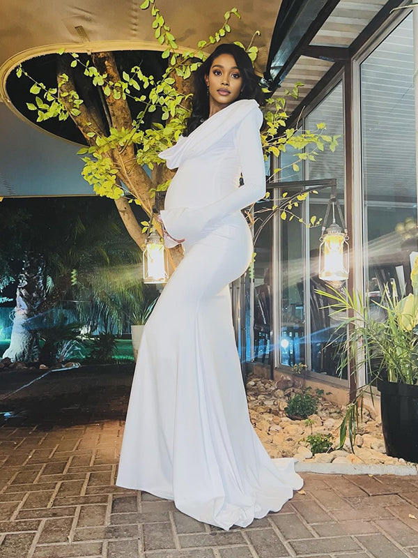 Momnfancy White Cowl Neck Ruched Bodycon Long Sleeve Evening Mermaid Gown Maternity Maxi Dress