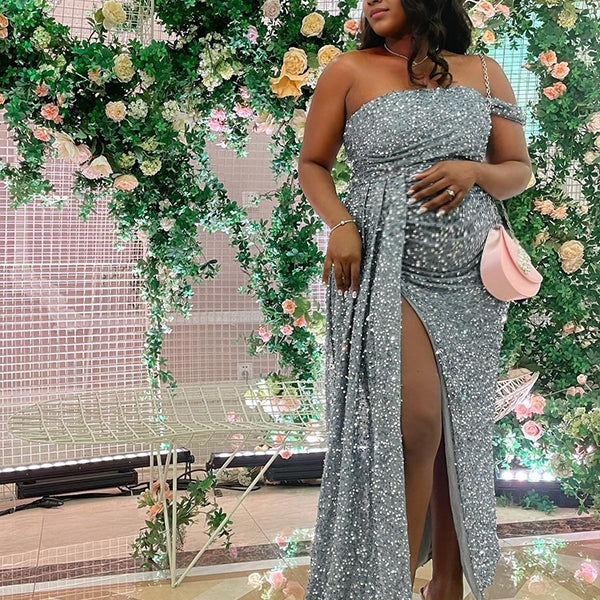 Momnfancy Sequin One Shoulder Draped Side Slit Bodycon Backless Evening Gown Maternity Maxi Dress