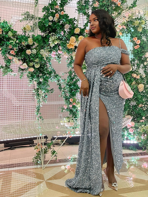Momnfancy Sequin One Shoulder Draped Side Slit Bodycon Backless Evening Gown Maternity Maxi Dress