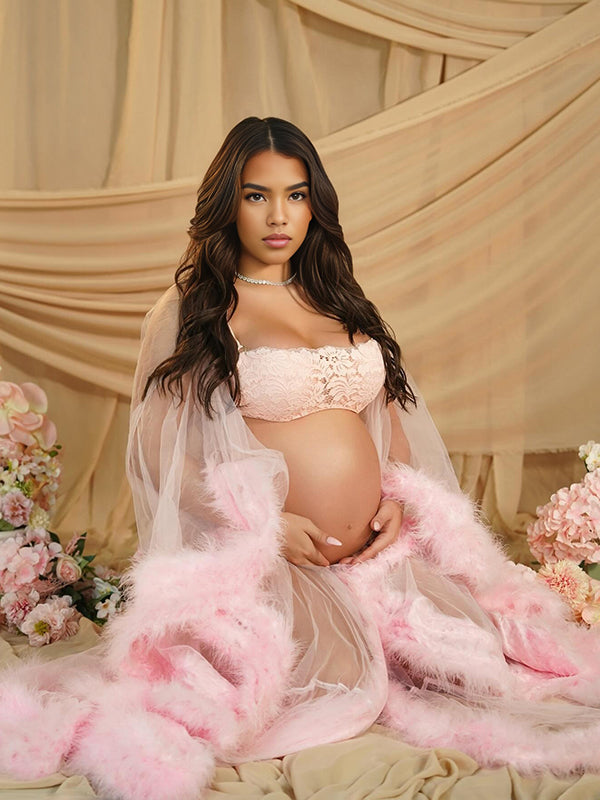 Momnfancy Pink Mesh Sheer Sash Feather Splicing Flare Sleeve Photoshoot Maternity Robe Maxi Dress