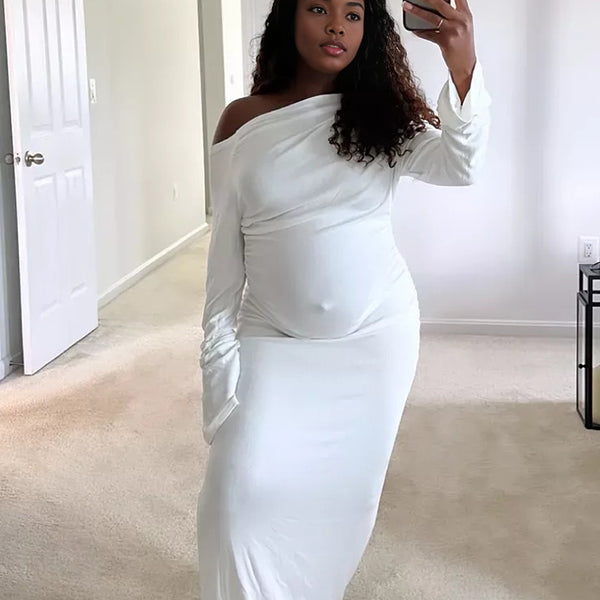 Momnfancy Off Shoulder Irregular High Waist Long Sleeve Bodycon Party Evening Gown Maternity Maxi Dress