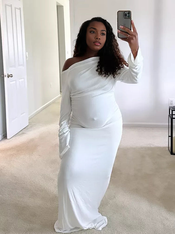 Momnfancy Off Shoulder Irregular High Waist Long Sleeve Bodycon Party Evening Gown Maternity Maxi Dress