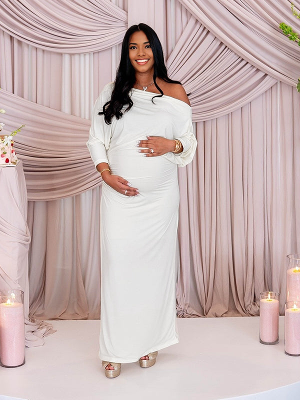 Momnfancy Off Shoulder Irregular High Waist Long Sleeve Bodycon Party Evening Gown Maternity Maxi Dress