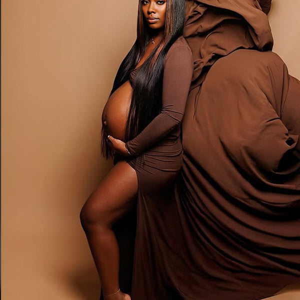 Momnfancy Brown Off Shoulder Cross Front Crop Side Slit 2-in-1 Photoshoot Maternity Maxi Dress