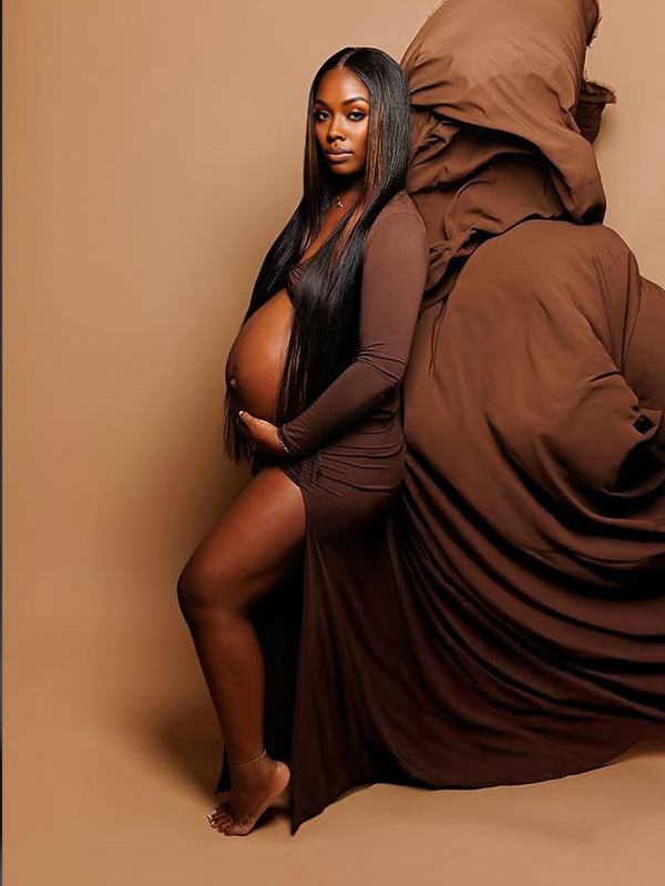 Momnfancy Brown Off Shoulder Cross Front Crop Side Slit 2-in-1 Photoshoot Maternity Maxi Dress