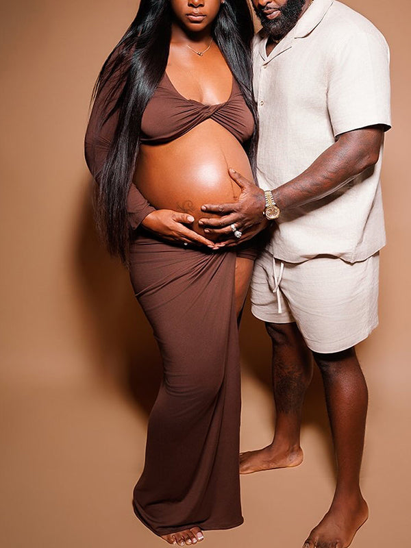 Momnfancy Brown Off Shoulder Cross Front Crop Side Slit 2-in-1 Photoshoot Maternity Maxi Dress