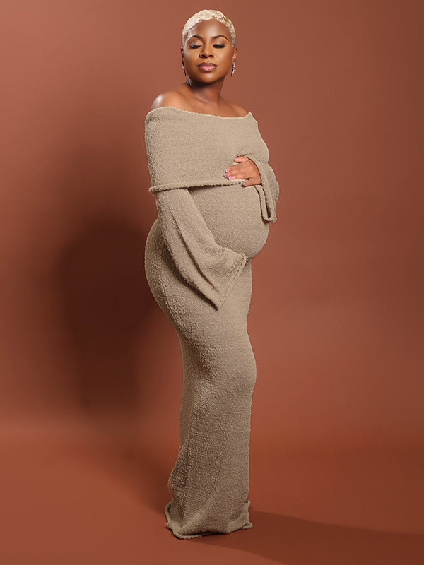 Momnfancy Solid Color Off Shoulder Knitwear Bodycon Baby Shower Maternity Maxi Dress
