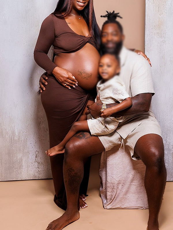 Momnfancy Brown Off Shoulder Cross Front Crop Side Slit 2-in-1 Photoshoot Maternity Maxi Dress