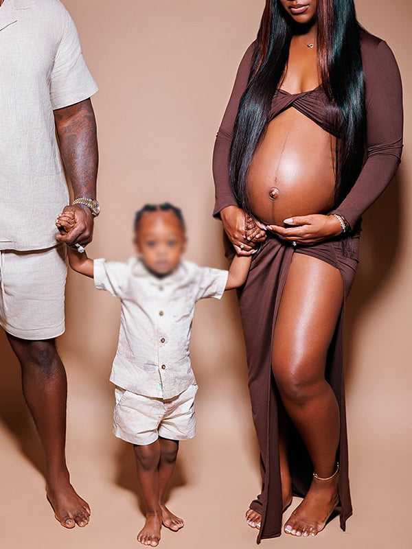 Momnfancy Brown Off Shoulder Cross Front Crop Side Slit 2-in-1 Photoshoot Maternity Maxi Dress