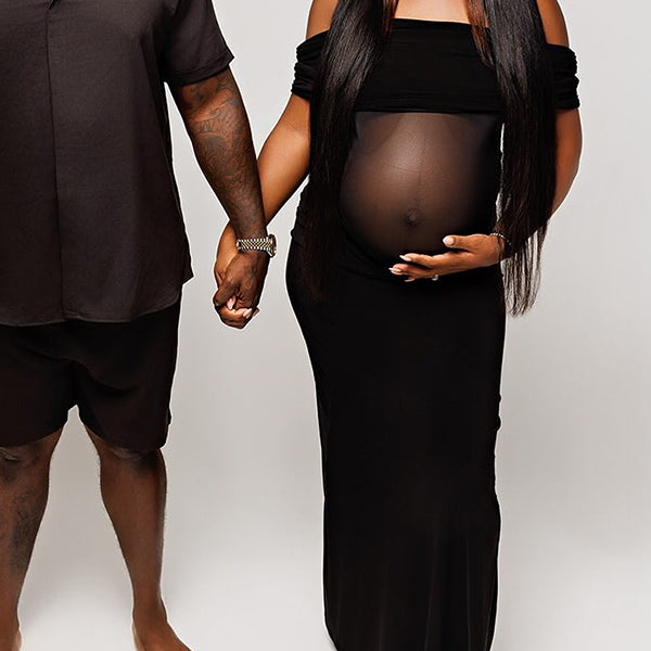 Momnfancy Black Mesh Off Shoulder Sheer Backless Bodycon Evening Mermaid Gown Photoshoot Maternity Maxi Dress