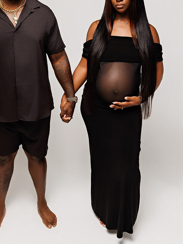 Momnfancy Black Mesh Off Shoulder Sheer Backless Bodycon Evening Mermaid Gown Photoshoot Maternity Maxi Dress