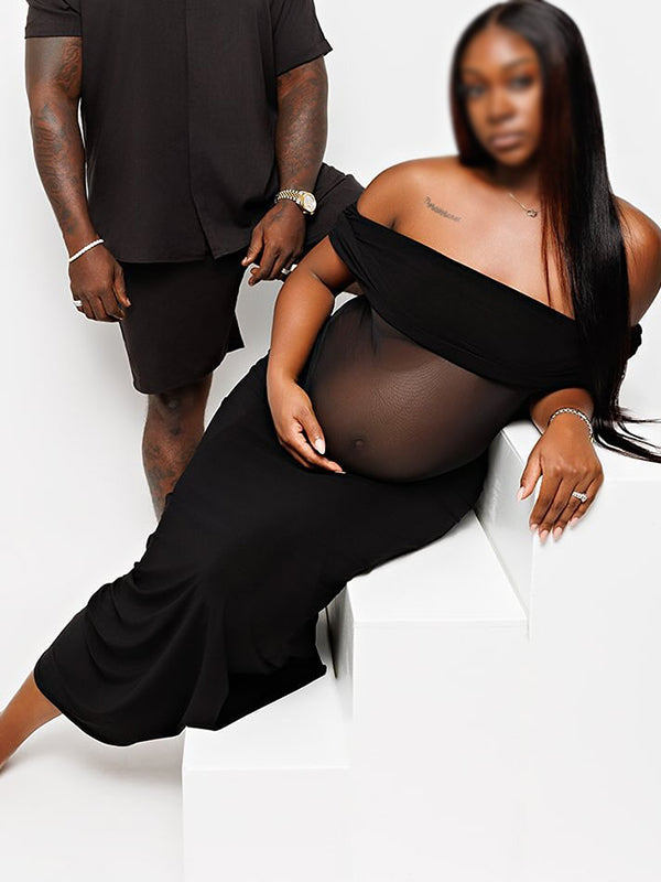 Momnfancy Black Mesh Off Shoulder Sheer Backless Bodycon Evening Mermaid Gown Photoshoot Maternity Maxi Dress