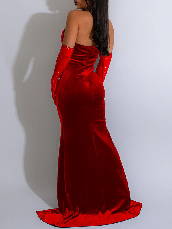 Momnfancy Halter Neck Mesh Splicing Pleuche Ruched Bodycon Evening Mermaid Gown Photoshoot Maternity Maxi Dress