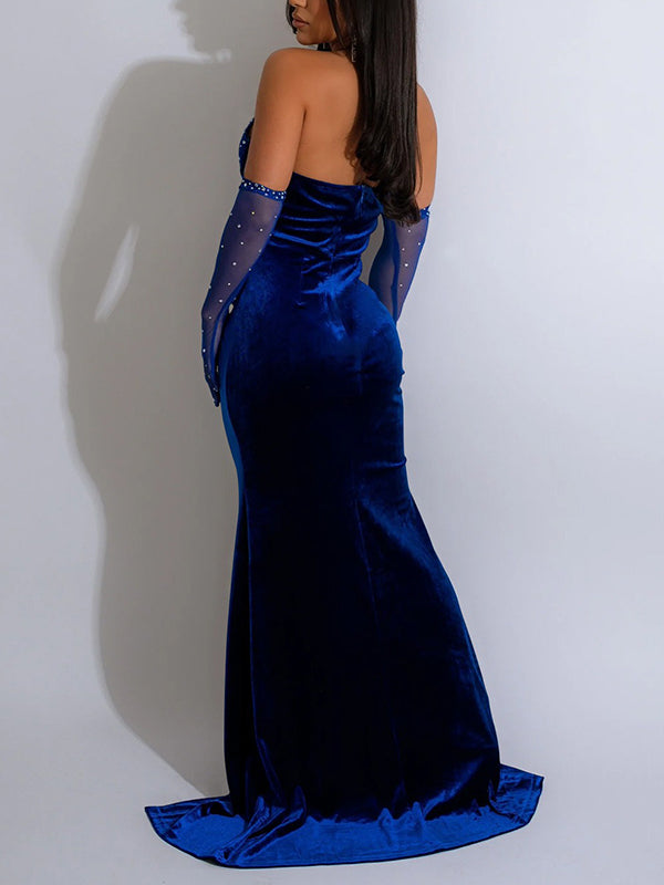 Momnfancy Halter Neck Mesh Splicing Pleuche Ruched Bodycon Evening Mermaid Gown Photoshoot Maternity Maxi Dress