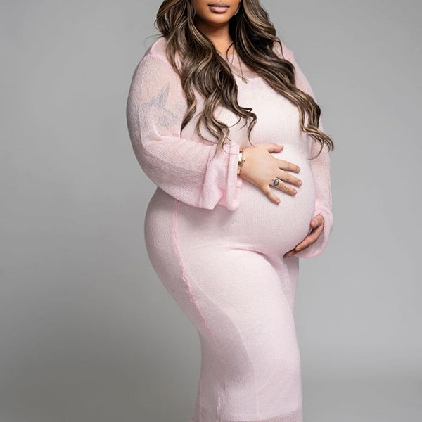 Momnfancy Knitted Beach Smock + Vest dressSheer Photoshoot Maternity Maxi Dress
