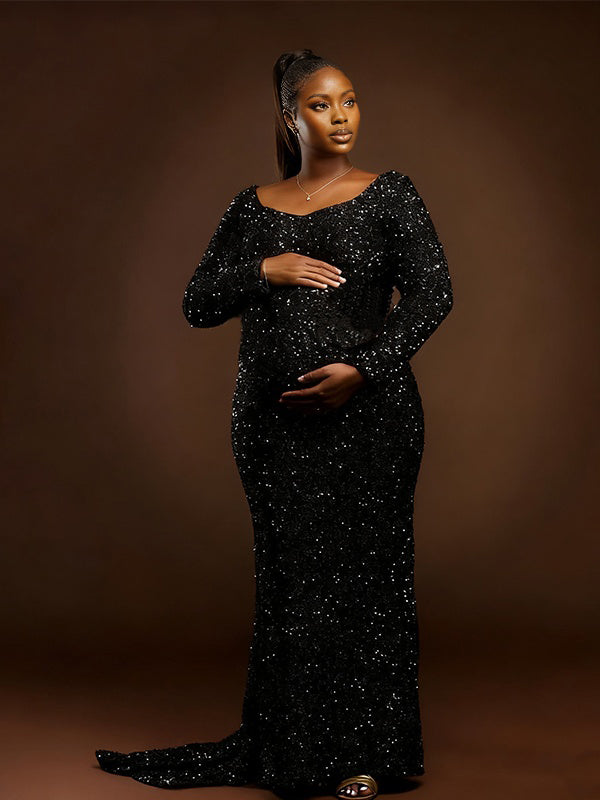 Momnfancy Sparkly Trailing Waist-cinching Mermaid Photoshoot Maternity Maxi Dress