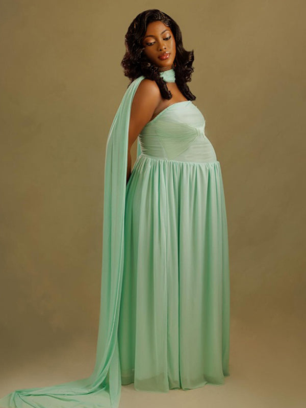 Momnfancy Sage Green Bandeau Ruched Bowknot High Waist Backless Flowy Party Cocktail Evening Gown Maternity Maxi Dress