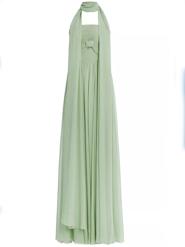 Momnfancy Sage Green Bandeau Ruched Bowknot High Waist Backless Flowy Party Cocktail Evening Gown Maternity Maxi Dress