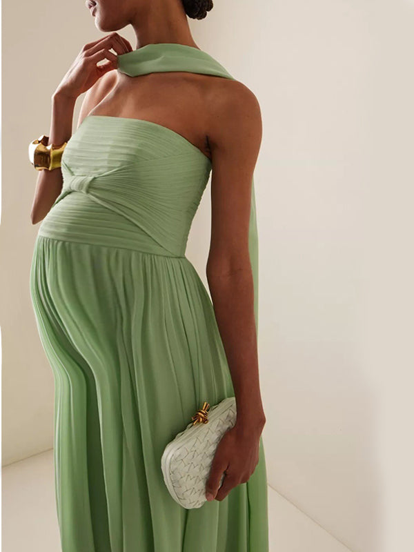 Momnfancy Sage Green Bandeau Ruched Bowknot High Waist Backless Flowy Party Cocktail Evening Gown Maternity Maxi Dress