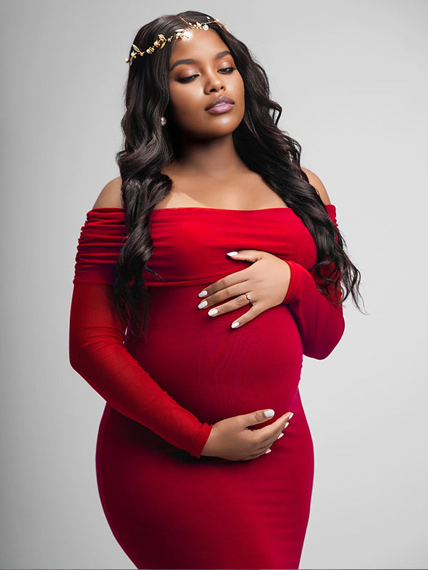 Momnfancy Wine Red Off Shoulder Backless Cut Out Mermaid Long Sleeve Bodycon Photoshoot Maternity Maxi Dress