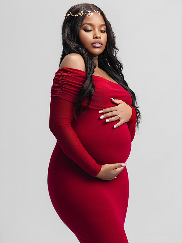 Momnfancy Wine Red Off Shoulder Backless Cut Out Mermaid Long Sleeve Bodycon Photoshoot Maternity Maxi Dress