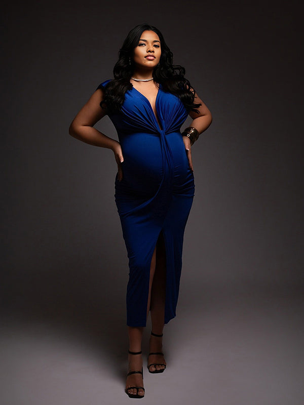 Momnfancy Blue Ruched V-Neck Satin Irregular Bodycon Split Draped Party Cocktail Photoshoot Maternity Maxi Dress