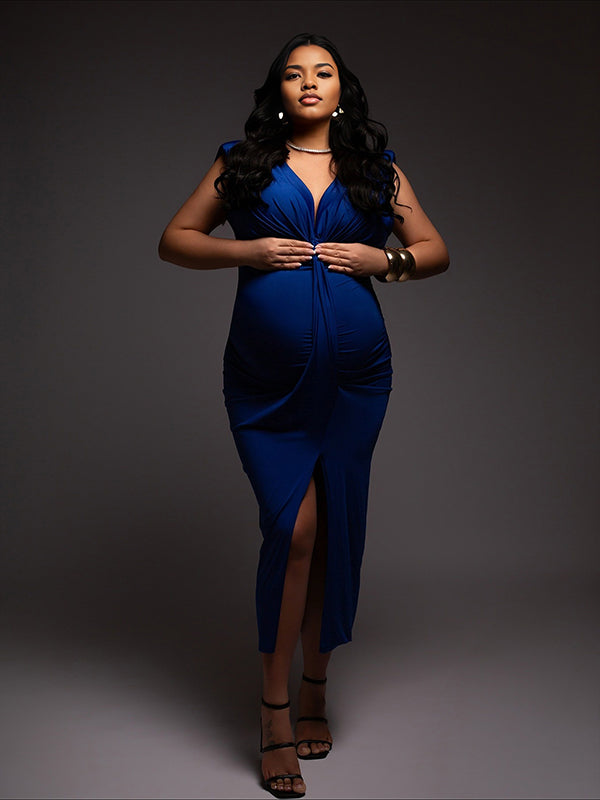 Momnfancy Blue Ruched V-Neck Satin Irregular Bodycon Split Draped Party Cocktail Photoshoot Maternity Maxi Dress