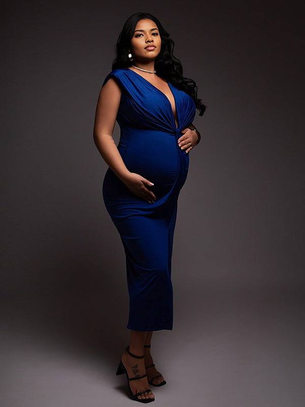 Momnfancy Blue Ruched V-Neck Satin Irregular Bodycon Split Draped Party Cocktail Photoshoot Maternity Maxi Dress