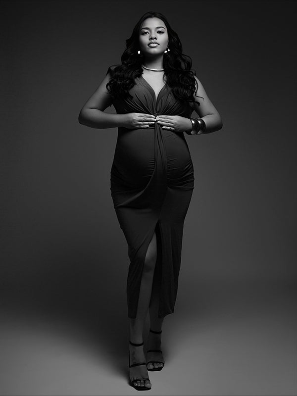 Momnfancy Blue Ruched V-Neck Satin Irregular Bodycon Split Draped Party Cocktail Photoshoot Maternity Maxi Dress