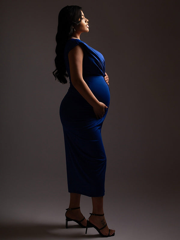 Momnfancy Blue Ruched V-Neck Satin Irregular Bodycon Split Draped Party Cocktail Photoshoot Maternity Maxi Dress