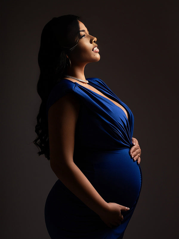 Momnfancy Blue Ruched V-Neck Satin Irregular Bodycon Split Draped Party Cocktail Photoshoot Maternity Maxi Dress