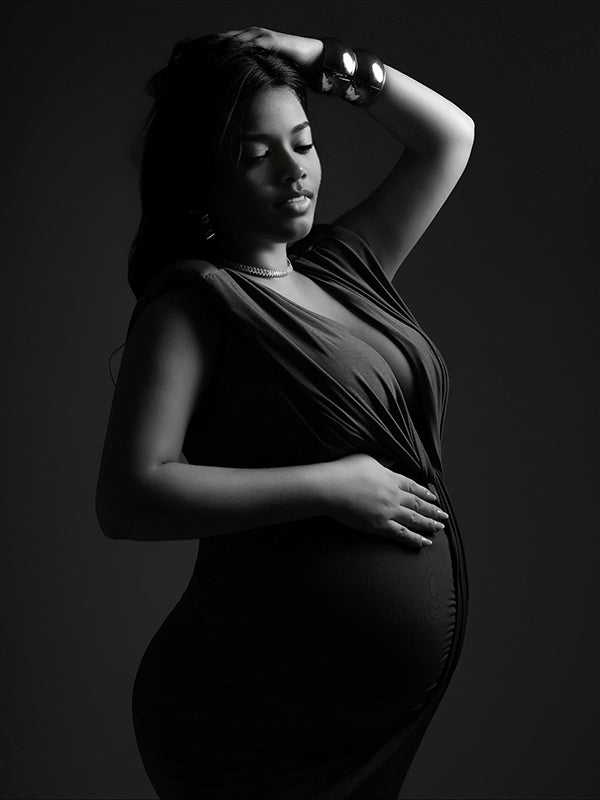 Momnfancy Blue Ruched V-Neck Satin Irregular Bodycon Split Draped Party Cocktail Photoshoot Maternity Maxi Dress
