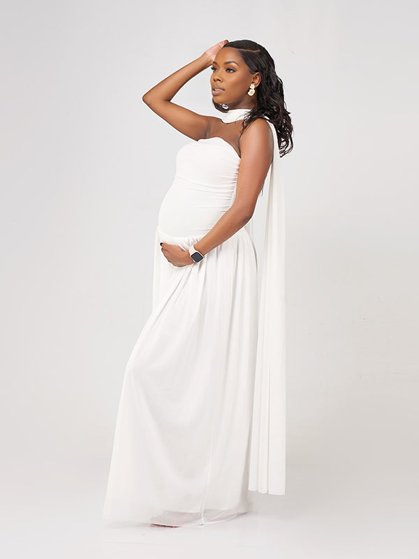 Momnfancy White Ruched Bandeau Wrap Backless Cocktail Tie Back Evening Gown Photoshoot Maternity Maxi Dress