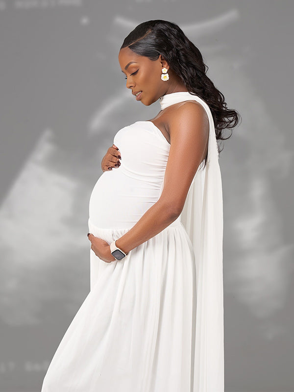 Momnfancy White Ruched Bandeau Wrap Backless Cocktail Tie Back Evening Gown Photoshoot Maternity Maxi Dress