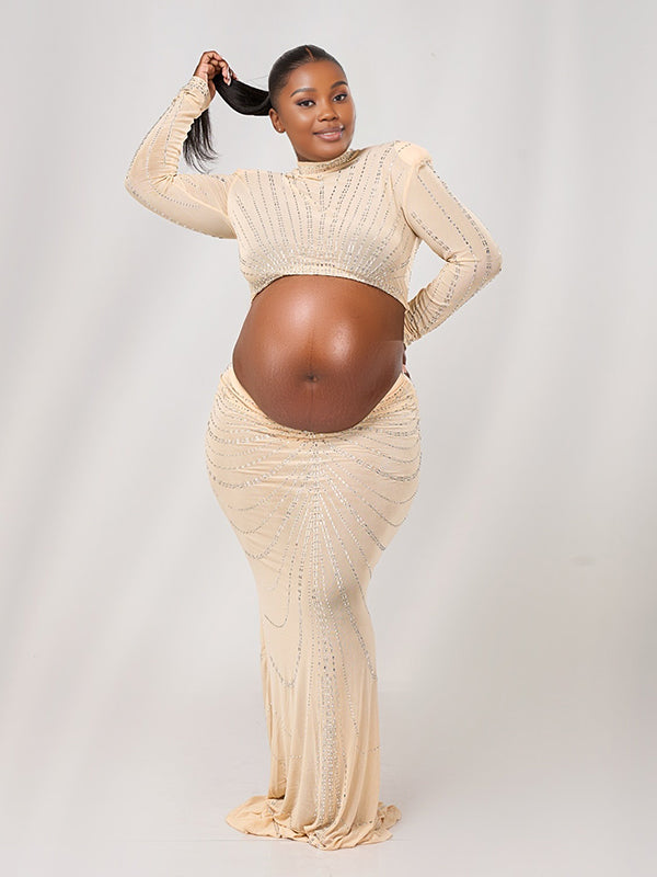 Momnfancy Diamond Mesh Crop 2-in-1 Bodycon Sheer Evening Gown Long Sleeve Photoshoot Maternity Maxi Dress