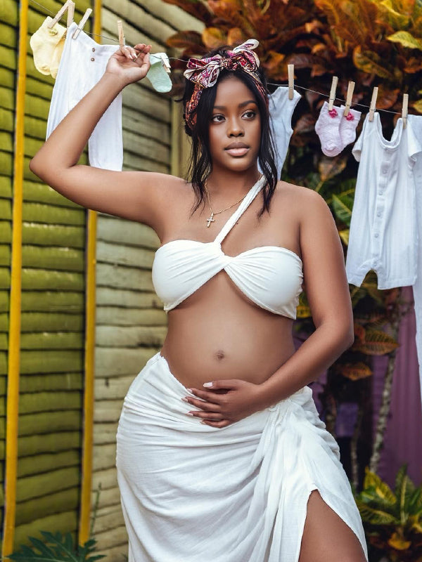 Momnfancy White One Shoulder Ruched Side Slit 2-in-1 Backless Photoshoot Maternity Maxi Dress
