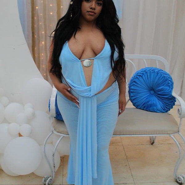 Momnfancy Blue Mesh Halter Neck Crop Draped Backless Bodycon 2-in-1 Party Baby Shower Maternity Maxi Dress